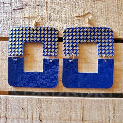 Blue And Gold Hinged Leather Earrings, Open..