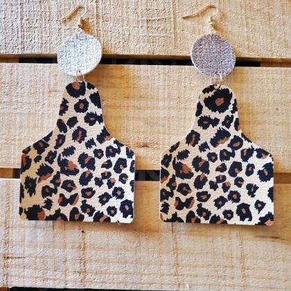 Leopard Print Cow Tag Leather Earrings, Animal..