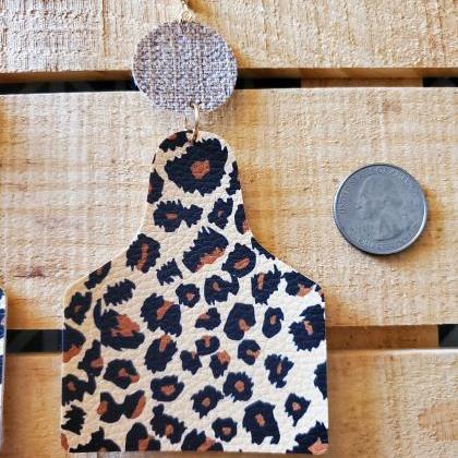Leopard Print Cow Tag Leather Earrings, Animal..