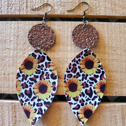Sunflower Leopard Leather Earrings, Gold Crackle..