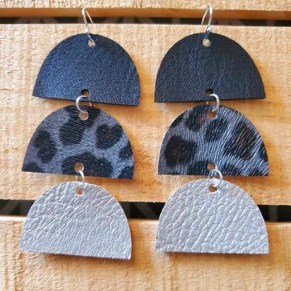Leopard Half Circle Leather Earrings, Cheetah Semi..