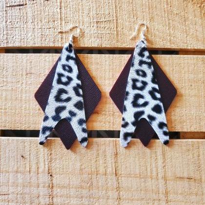 Double Layer Leather Earrings, White And Black..