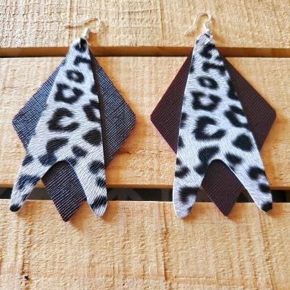 Double Layer Leather Earrings, White And Black..