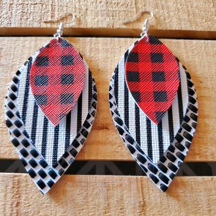 Buffalo Plaid Leather Earrings, Red Black And..