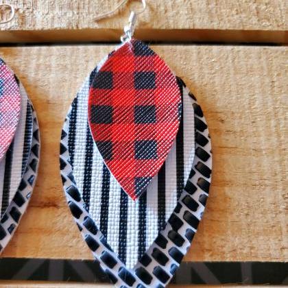 Buffalo Plaid Leather Earrings, Red Black And..