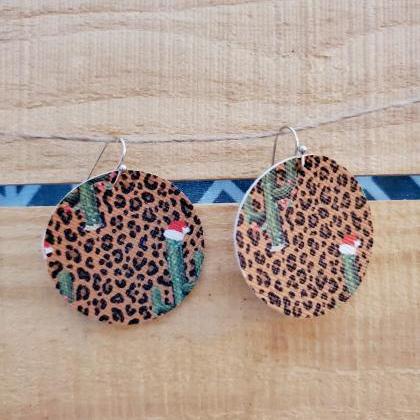 Leopard Christmas Leather Earrings, Round..