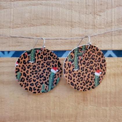 Leopard Christmas Leather Earrings, Round..