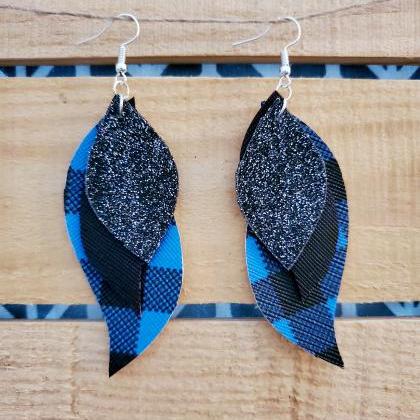 Blue Black Leather Earrings, Buffalo Plaid Triple..