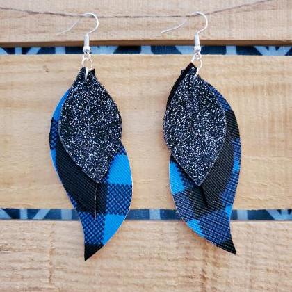 Blue Black Leather Earrings, Buffalo Plaid Triple..