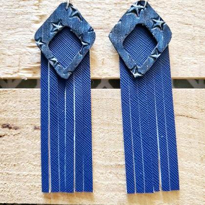Blue Leather Fringe Earrings, Distr..