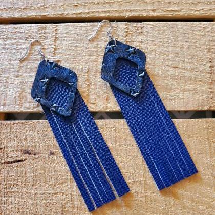 Blue Leather Fringe Earrings, Distr..