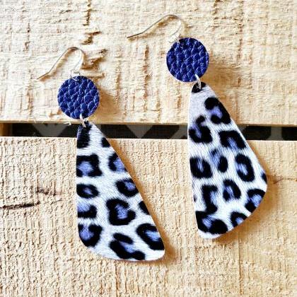 Blue Leopard Leather Earrings, Animal Print Bar..