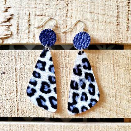 Blue Leopard Leather Earrings, Animal Print Bar..