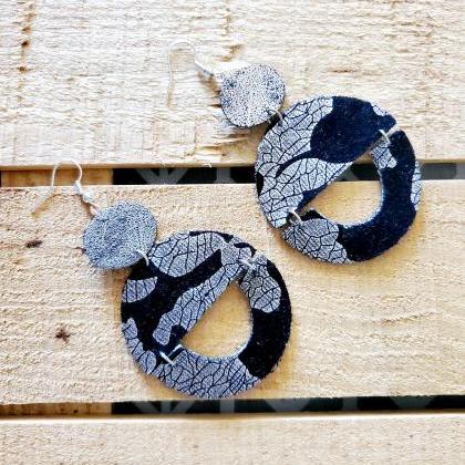 Black And Silver Distressed Leather Earrings,..