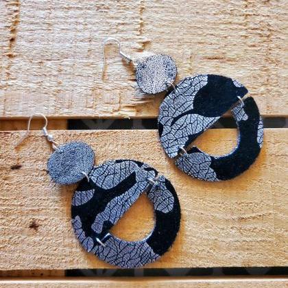 Black And Silver Distressed Leather Earrings,..