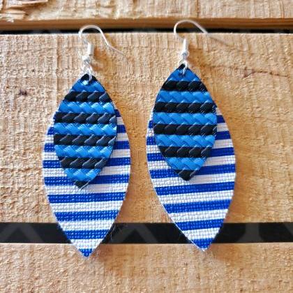 Blue And White Striped Leather Earrings, Blue And..