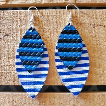 Blue And White Striped Leather Earrings, Blue And..