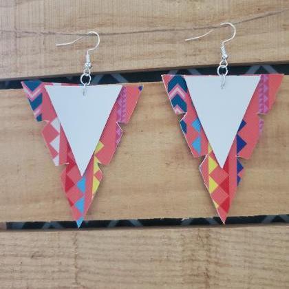 Coral Aztec Leather Earrings, Arrowhead Leather..