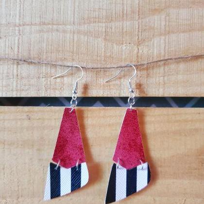 Metallic Red And Black Striped Leather Earrings,..