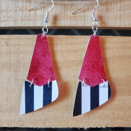 Metallic Red And Black Striped Leather Earrings,..