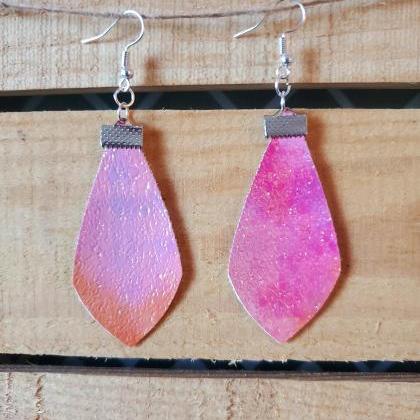 Iridescent Dangle Leather Earrings, Pink Leather..