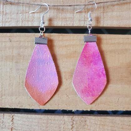 Iridescent Dangle Leather Earrings, Pink Leather..