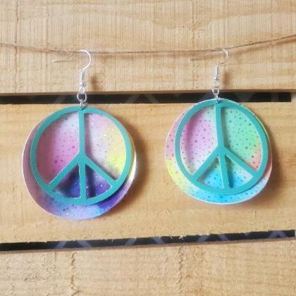 Peace Sign Leather Earrings, Rainbow Watercolor..