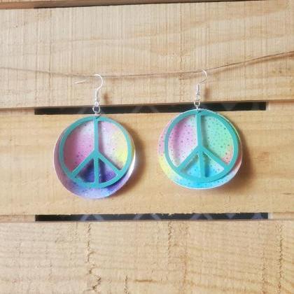 Peace Sign Leather Earrings, Rainbow Watercolor..