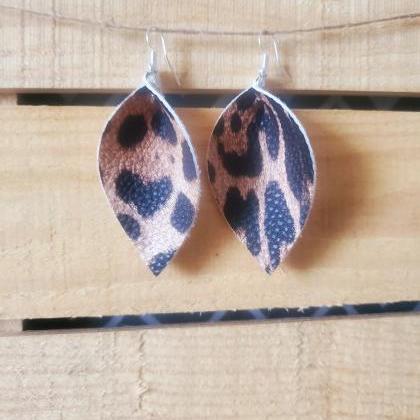 Leopard Print Pinched Leaf Earrings, Leopard Print..