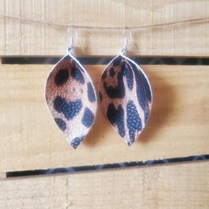 Leopard Print Pinched Leaf Earrings, Leopard Print..