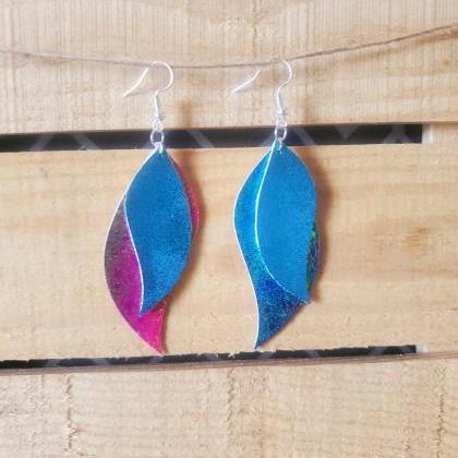 Handmade Teal Leather Earrings, Leaf Turquoise..