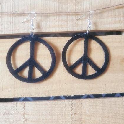 Peace Symbol Earrings, Black Leathe..
