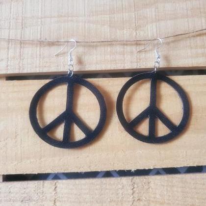 Peace Symbol Earrings, Black Leathe..