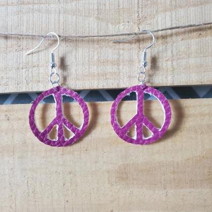 Small Purple Peace Sign Earrings, Leather Dangles,..