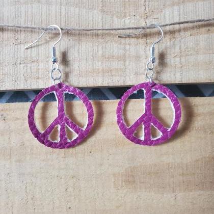 Small Purple Peace Sign Earrings, Leather Dangles,..