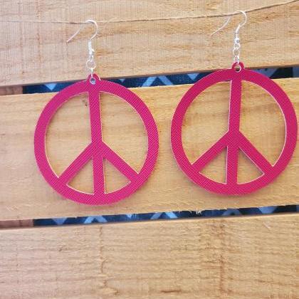 Pink Leather Earrings, Hippie Peace Sign Jewelry,..