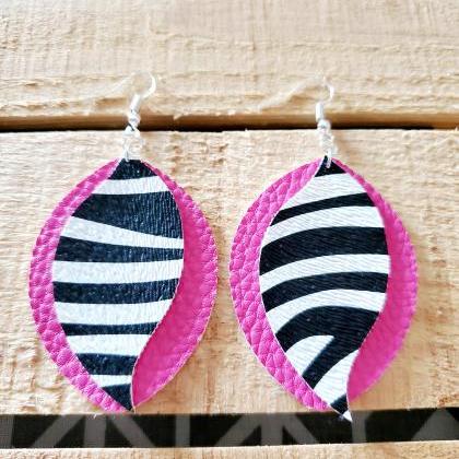 Pink Zebra Print Leather Earrings, Trendy..