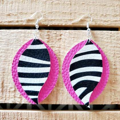 Pink Zebra Print Leather Earrings, Trendy..