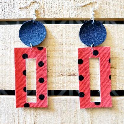 Red And Black Polka Dot Leather Earrings,..