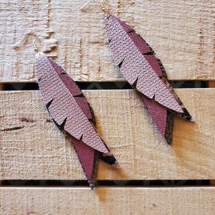 Layered Feather Leather Earrings, Long Bohemian..