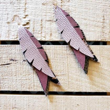 Layered Feather Leather Earrings, Long Bohemian..
