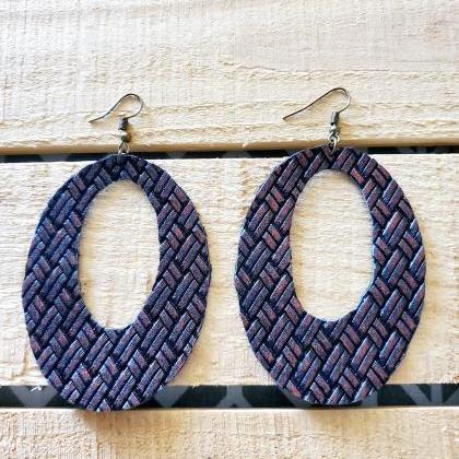 Textured Oval Leather Earrings, Rus..