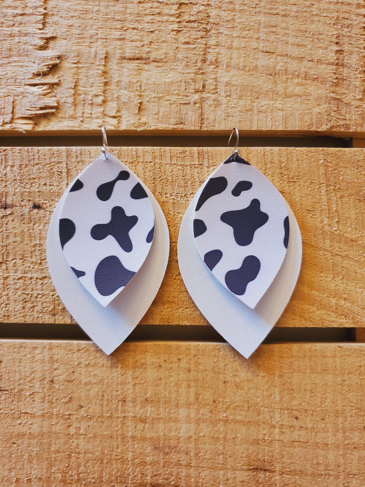 Cow Leaf Earrings, Cow Print Leather Earrings, Cow Jewelry, Farm Earrings, Animal Print Earrings, Rustic Earrings, Womans Gift, Boho Chic