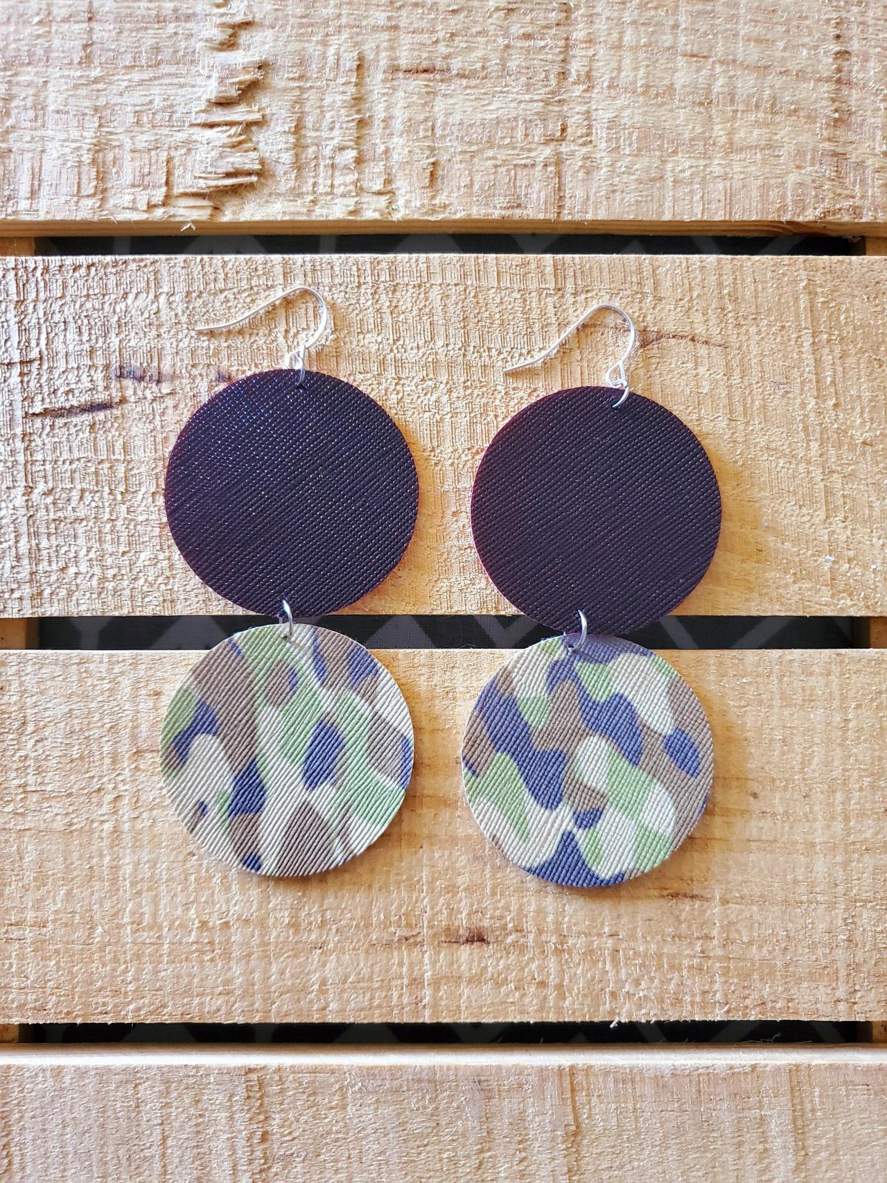 Split Circle Leather Earrings, Camo Faux Leather, Camouflage Leather Earrings, Hinged Earrings, Camo Jewelry, Hunting Earrings, Gift For Her