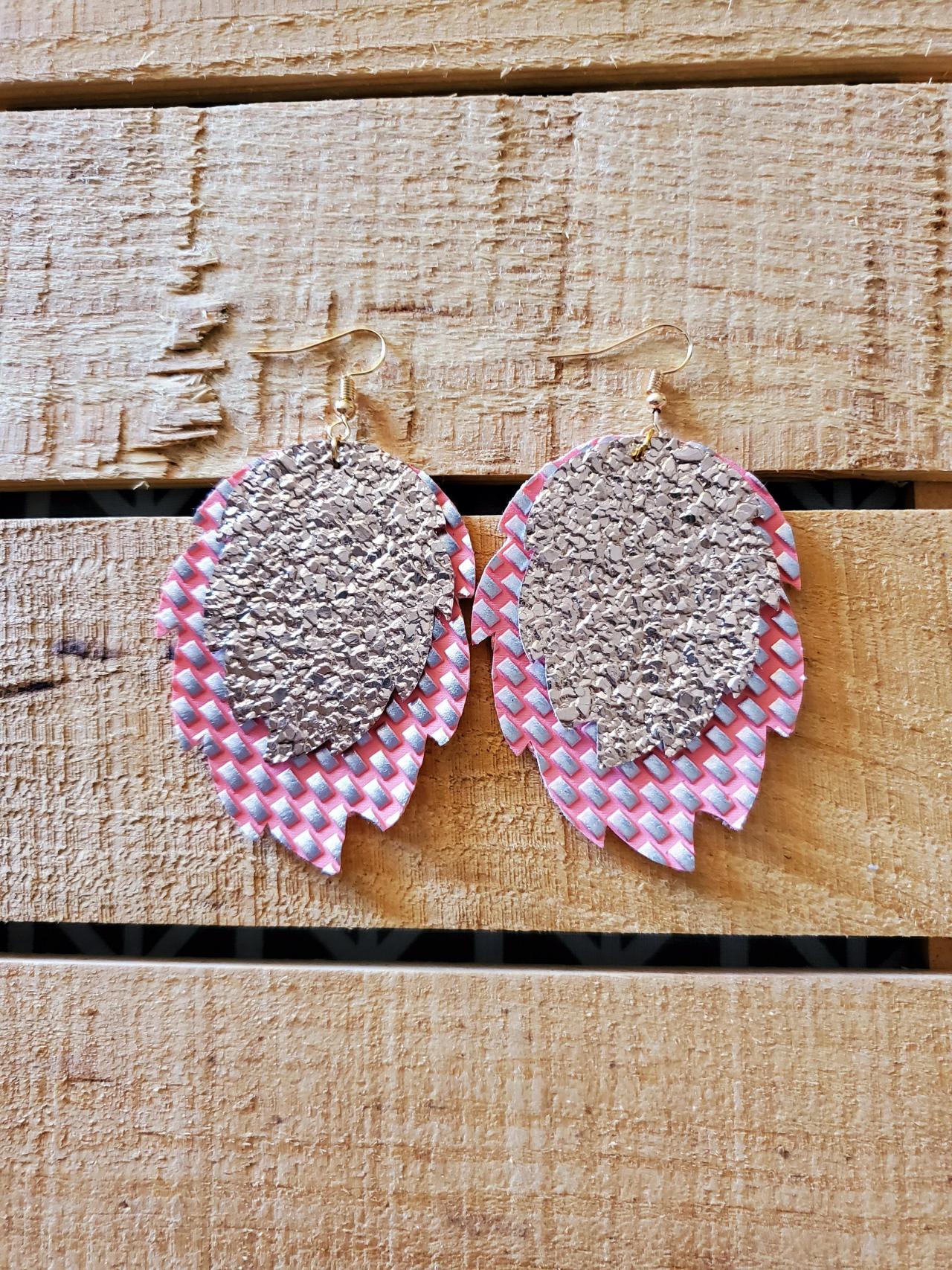 Pink And Rose Gold Layered Earrings, Leaf Shape Earrings, Pattern Earrings, Trendy Earrings, Boho Chic Jewelry, Lightweight Jewelry, Gifts