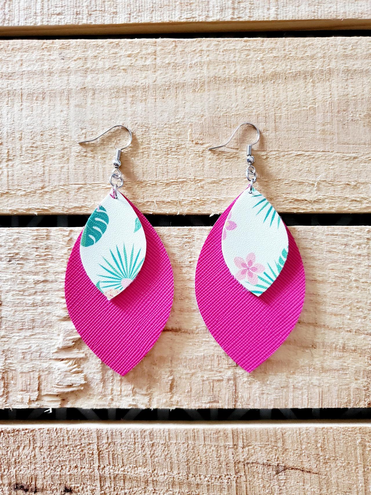 Tropical Floral Leather Earrings, Double Layer Earrings, Boho Chic Earrings, Pink Leather Jewelry, Floral Earrings, Statement Earrings