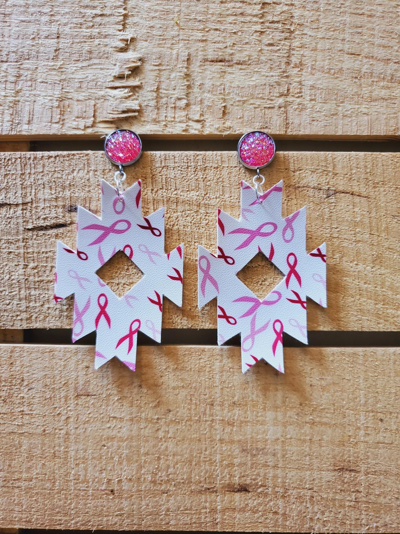 Breast Cancer Awareness Leather Earrings, Aztec Leather Earrings, October Earrings, Sparkle Earrings, Pink And White Earrings, Gift For Her
