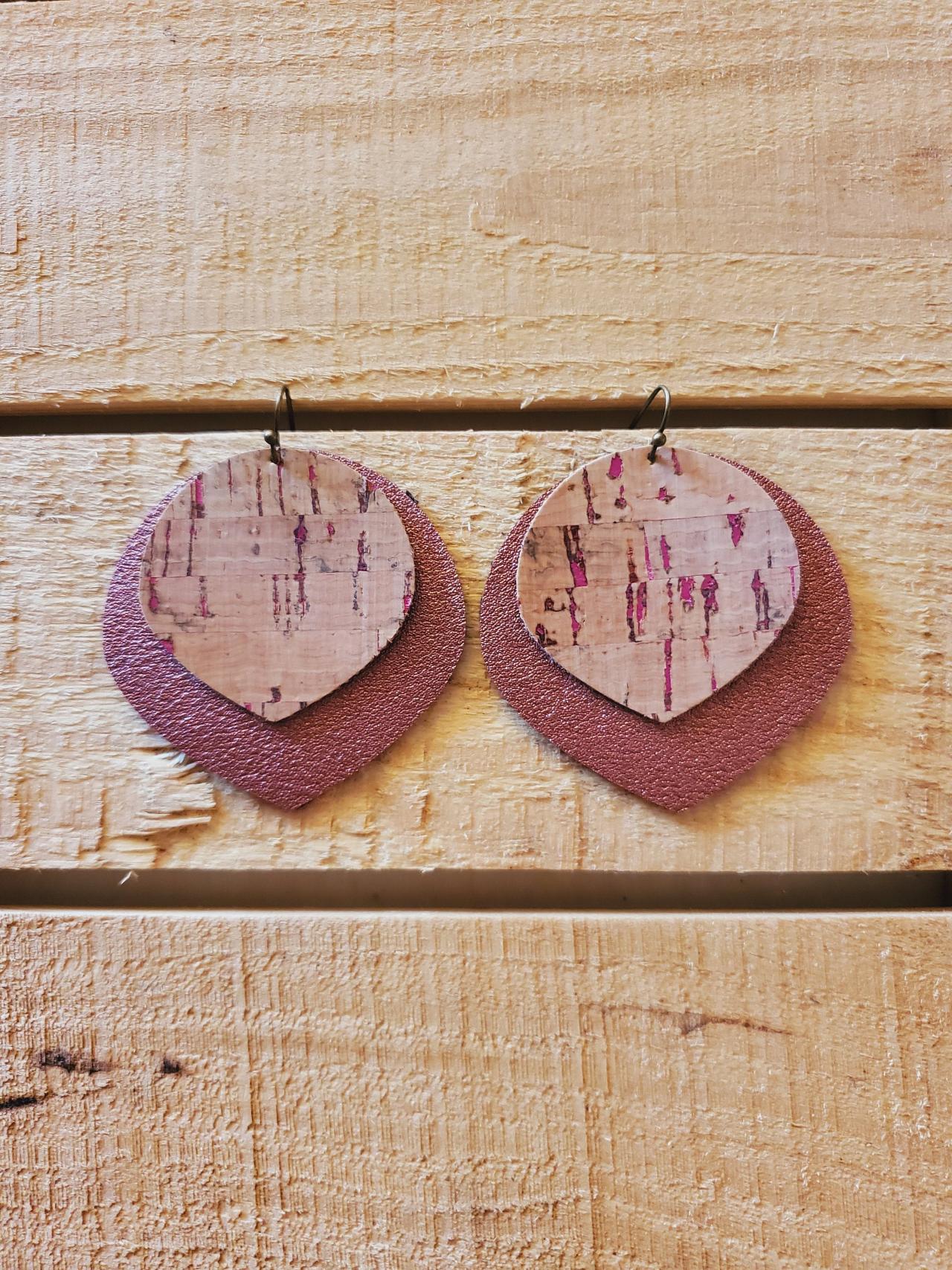 Pink Leather Cork Earrings, October Earrings, Breast Cancer Awareness Cork Leather Earrings, Cancer Jewelry, Pink Jewelry, Rose Gold, Gift