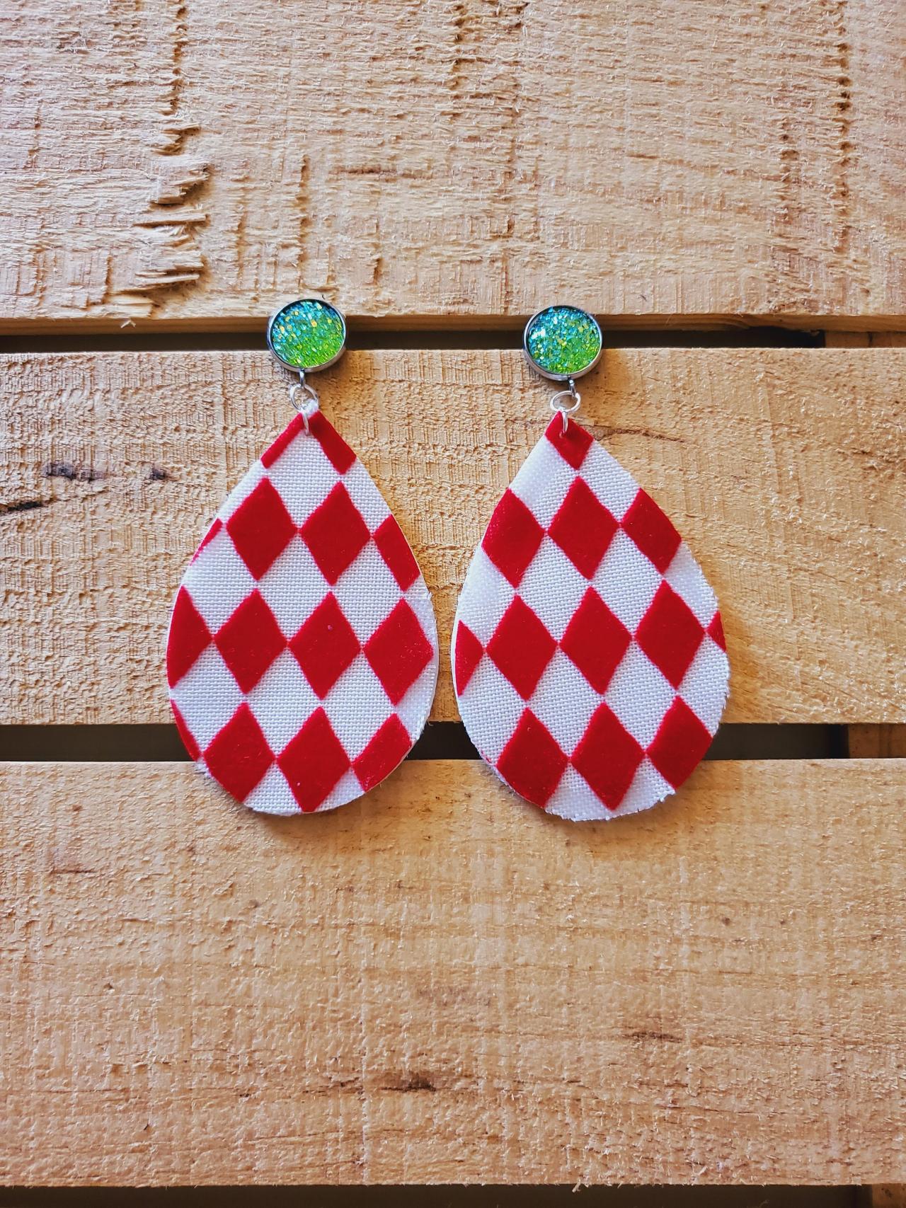 Red White Leather Earrings, Harlequin Pattern Earrings, Diamond Pattern Jewelry, Green Druzy Earrings, Sparkle Earrings, Unique Earrings