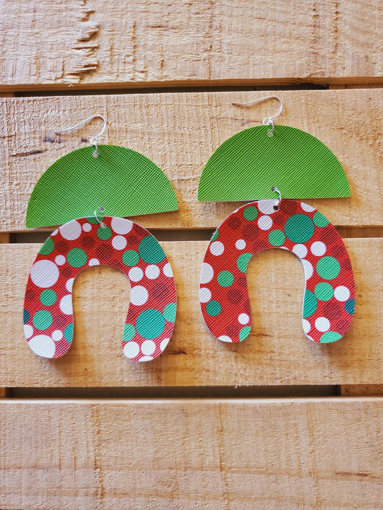 Christmas Leather Earrings, Polka Dot Earrings, Holiday Leather Earrings, Statement Earrings, Red White And Green Earrings, Gift Ideas